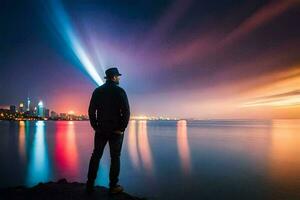 a man standing on a rock overlooking the city at night. AI-Generated photo