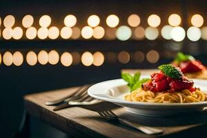 spaghetti with tomato sauce and basil leaves on a plate. AI-Generated photo