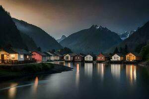 a row of houses on the shore of a lake. AI-Generated photo