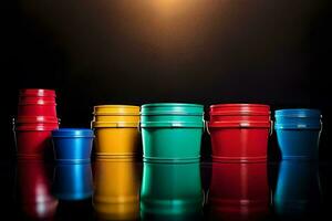 a row of colorful plastic buckets on a black background. AI-Generated photo