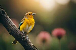 a yellow bird sitting on a branch in the sun. AI-Generated photo