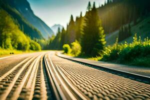 a train track in the mountains with trees in the background. AI-Generated photo