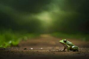 a frog sitting on the ground in the middle of a field. AI-Generated photo
