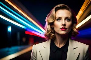 a woman in a suit and red lipstick stands in front of a neon light. AI-Generated photo