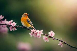 a bird sits on a branch with pink flowers. AI-Generated photo