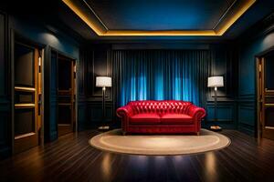 a red couch in a dark room with blue walls. AI-Generated photo