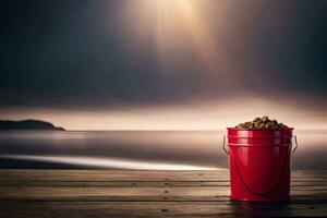 a red bucket on a wooden table with a sea in the background. AI-Generated photo