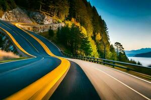 a winding road with yellow lines. AI-Generated photo