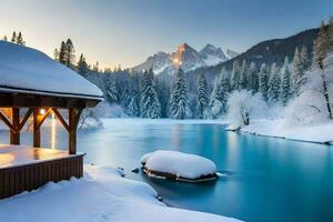 a gazebo sits on the shore of a lake in the winter. AI-Generated photo