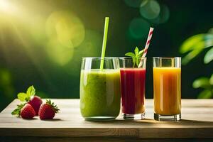 three different types of smoothies on a wooden table. AI-Generated photo
