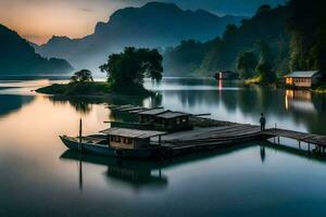 boats docked on the water in front of a mountain. AI-Generated photo