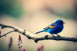 a blue bird sits on a branch in front of a blurry background. AI-Generated photo