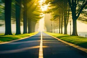 a long road with trees and sun shining through. AI-Generated photo