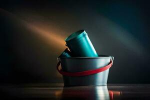 a bucket with two blue cups in it. AI-Generated photo