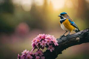 a blue and yellow bird sitting on a branch with pink flowers. AI-Generated photo