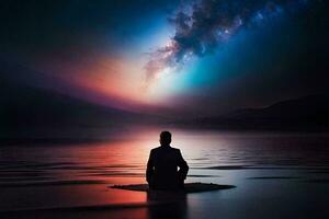 a man sitting in meditation in front of a beautiful sky. AI-Generated photo