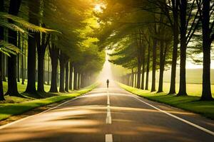 un hombre es caminando abajo el medio de un vacío la carretera. generado por ai foto