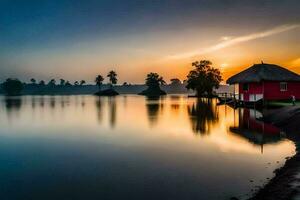 un rojo casa se sienta en el apuntalar de un lago a puesta de sol. generado por ai foto