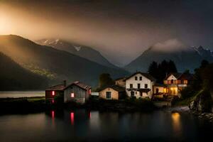 a house sits on the shore of a lake in the mountains. AI-Generated photo