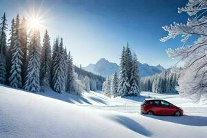 un rojo coche es estacionado en un Nevado la carretera. generado por ai foto