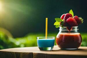 a glass of strawberry juice and a strawberry in a jar. AI-Generated photo