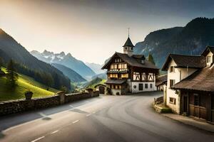 photo wallpaper the sky, mountains, road, house, village, road, house, village,. AI-Generated