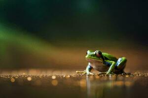 a frog sitting on the ground with a green background. AI-Generated photo