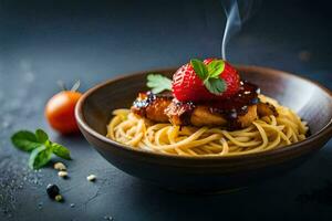 chicken with spaghetti and strawberry on a dark background. AI-Generated photo