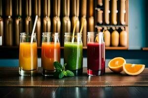 five different juices in glass bottles on a wooden table. AI-Generated photo