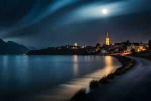 un de luna noche ver de un pueblo y lago. generado por ai foto