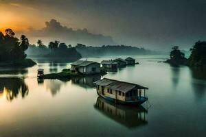 foto fondo de pantalla el cielo, agua, barcos, casas, el amanecer, el agua, el amanecer. generado por ai