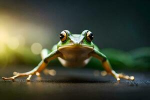 a frog is standing on the ground with its legs spread. AI-Generated photo