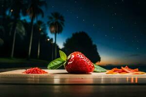 a strawberry and some vegetables on a table at night. AI-Generated photo