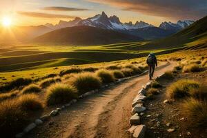 a man walks on a path in the mountains. AI-Generated photo