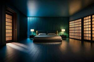 a bedroom with dark wood floors and blue walls. AI-Generated photo