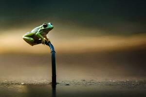 a frog sitting on a stick in the water. AI-Generated photo