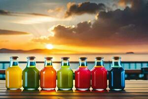 six bottles of juice on a table with sunset in the background. AI-Generated photo