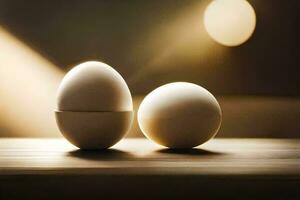 two eggs sit on a table in front of a light. AI-Generated photo