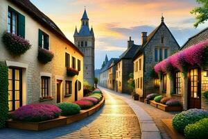 a street in france with flowers and buildings. AI-Generated photo