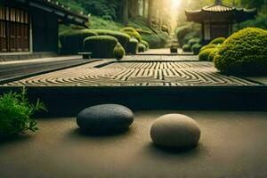 two stones sit in the middle of a garden. AI-Generated photo