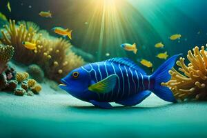 blue fish swimming in the ocean with coral. AI-Generated photo