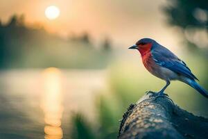 a red bird sitting on a log near a lake. AI-Generated photo