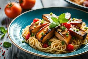 pasta with mushrooms and tomatoes in a blue plate. AI-Generated photo