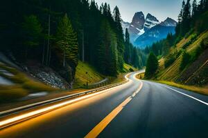 un coche conducción en un montaña la carretera con ligero caminos. generado por ai foto