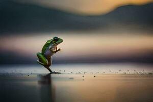 a frog standing on its hind legs on the beach. AI-Generated photo