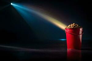 a bucket of popcorn on a dark stage. AI-Generated photo