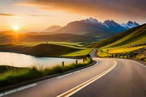 el la carretera a el puesta de sol. generado por ai foto