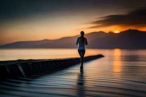 un mujer corriendo en un muelle a puesta de sol. generado por ai foto