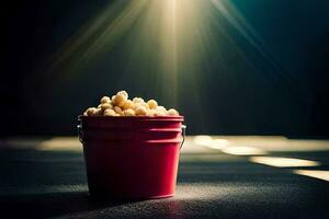 a bucket of popcorn on a dark surface. AI-Generated photo