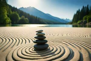 a stack of stones on the sand in front of a lake. AI-Generated photo